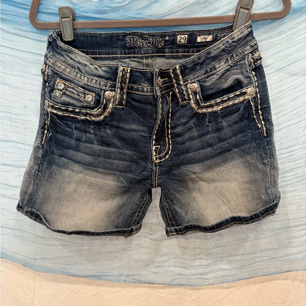 Miss Me Dark Blue Jean Shorts with White Stitching